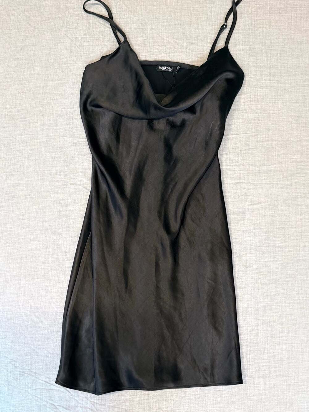 Nasty Gal Black Satin Cowl Neck Mini Slip Dress size 6